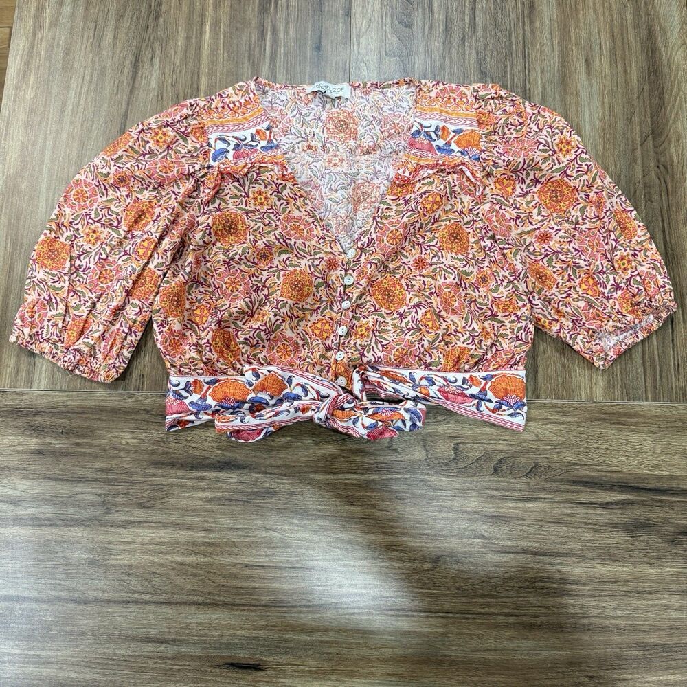 Rachel Zoe Linen Blend Orange Crop Top Knot Tie Waist Puff Half Sleeve Beach S